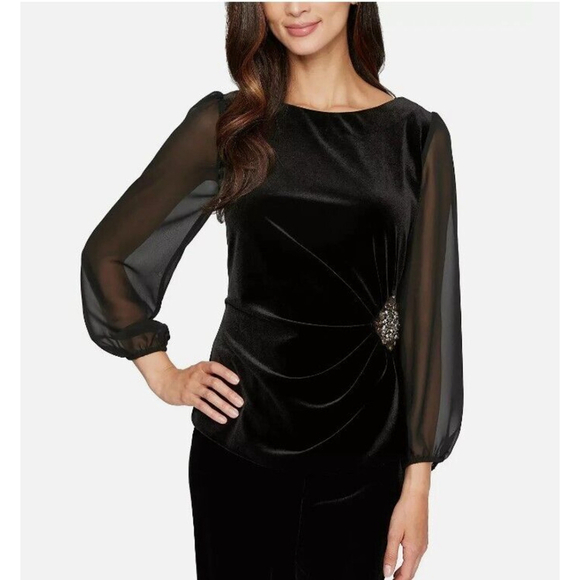 NWT Alex Evenings Womens Black Illusion Sleeve Ruched Event Party‎ Blouse Medium - Picture 1 of 7
